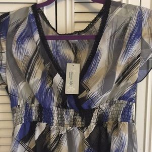 Sheer black, blue and tan top